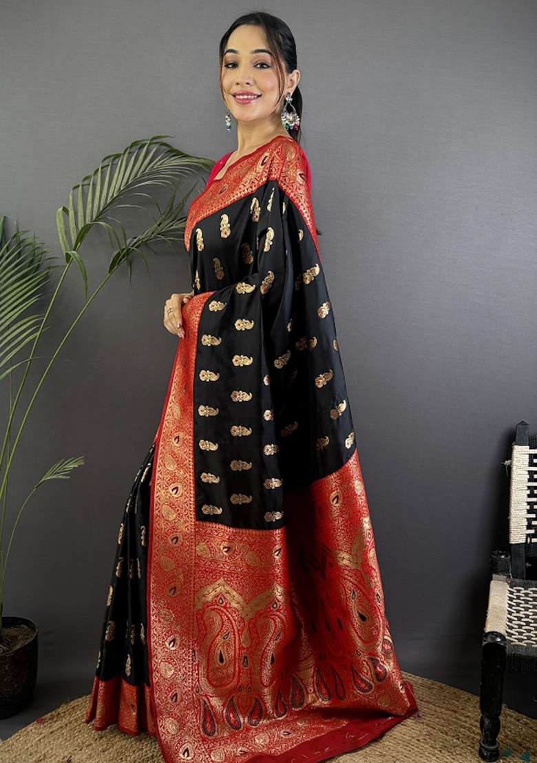 Black Woven Silk Blend Saree Set - Indya
