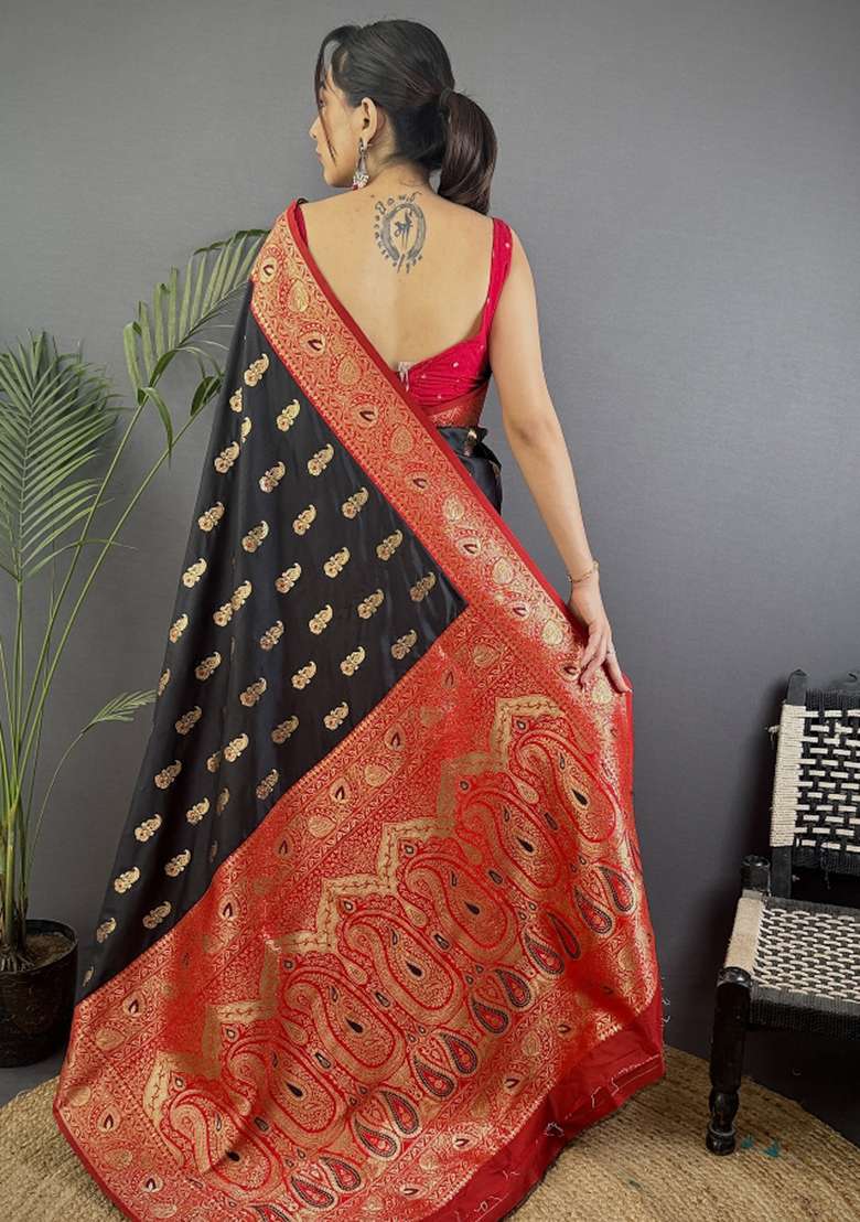 Black Woven Silk Blend Saree Set - Indya