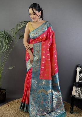 Pink Woven Silk Saree Set