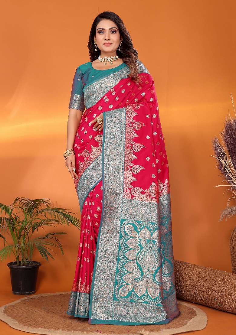 Hot Pink Woven Silk Blend Saree Set for Diwali | Wedding & Festive Wear - Indya