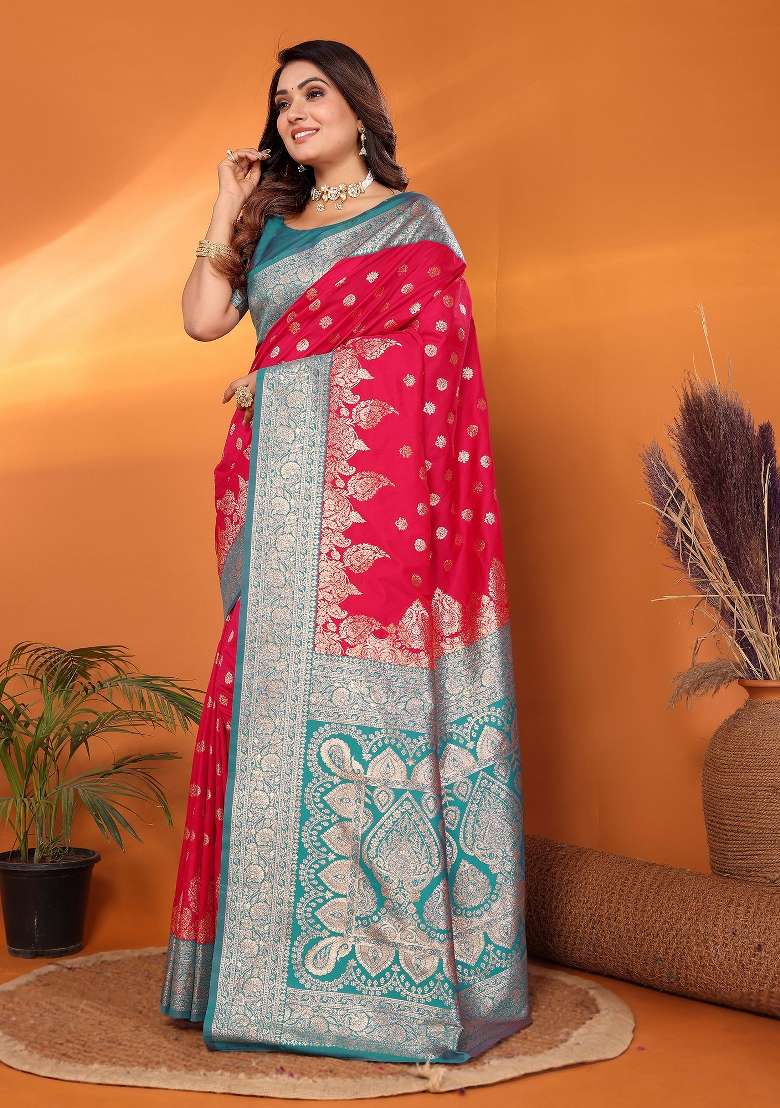 Hot Pink Woven Silk Blend Saree Set for Diwali | Wedding & Festive Wear - Indya