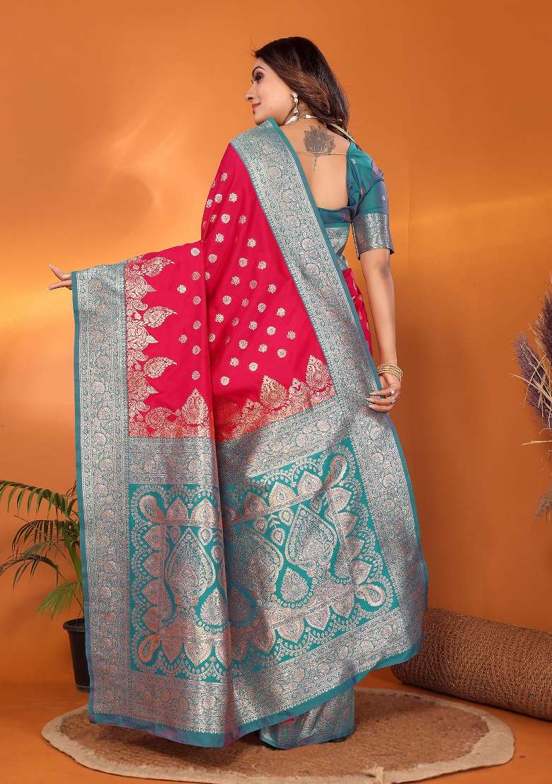 Hot Pink Woven Silk Blend Saree Set for Diwali | Wedding & Festive Wear - Indya