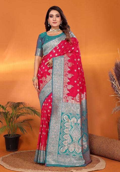 Hot Pink Woven Silk Saree Set