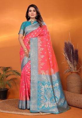 Pink Woven Silk Saree Set