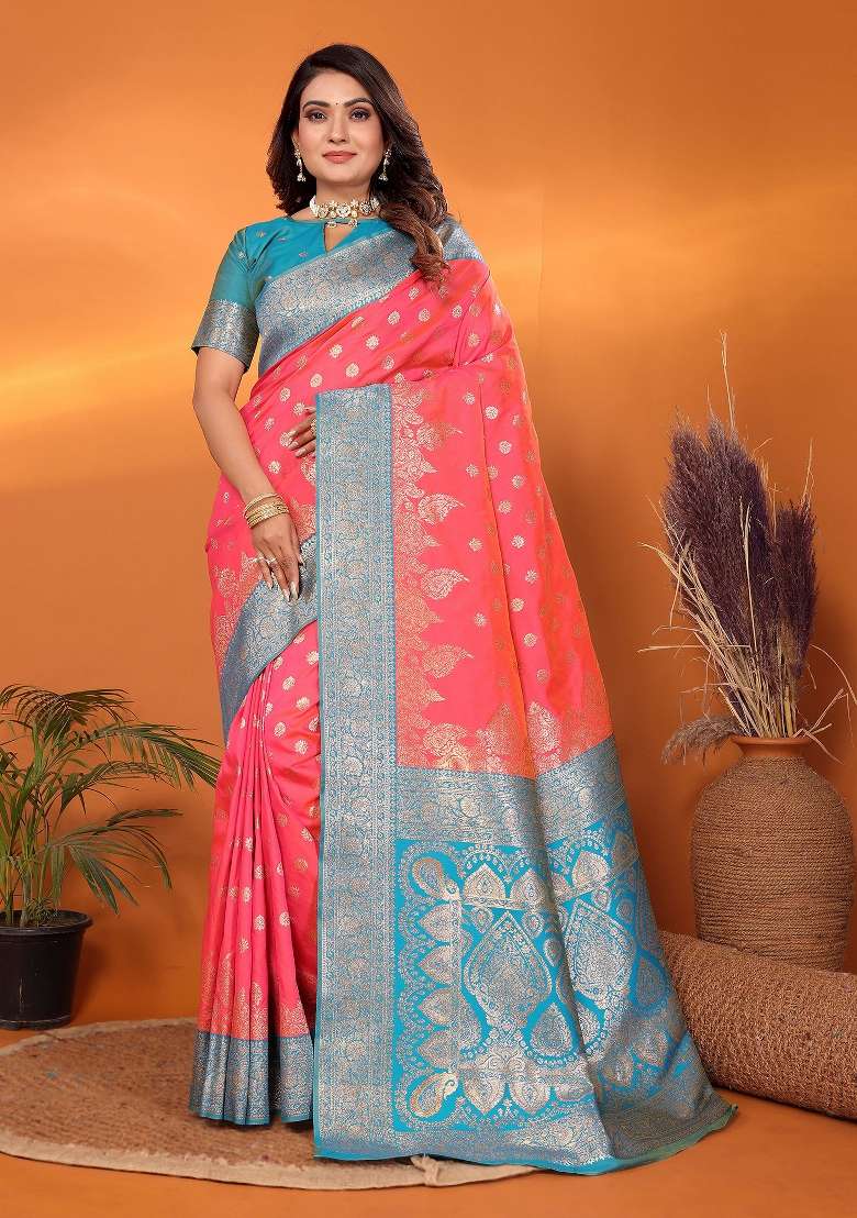 Pink Woven Silk Blend Saree Set for Diwali and Festive Wear - Indya