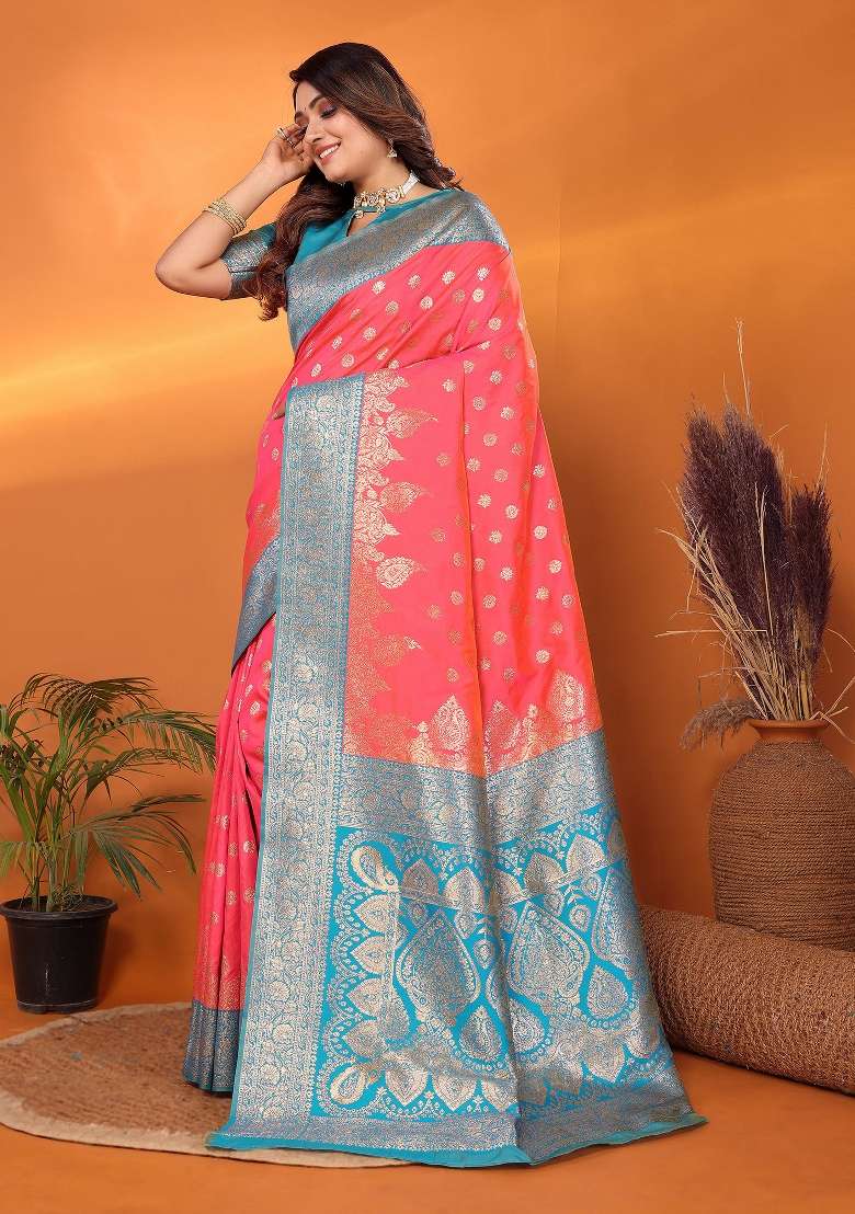 Pink Woven Silk Blend Saree Set for Diwali and Festive Wear - Indya