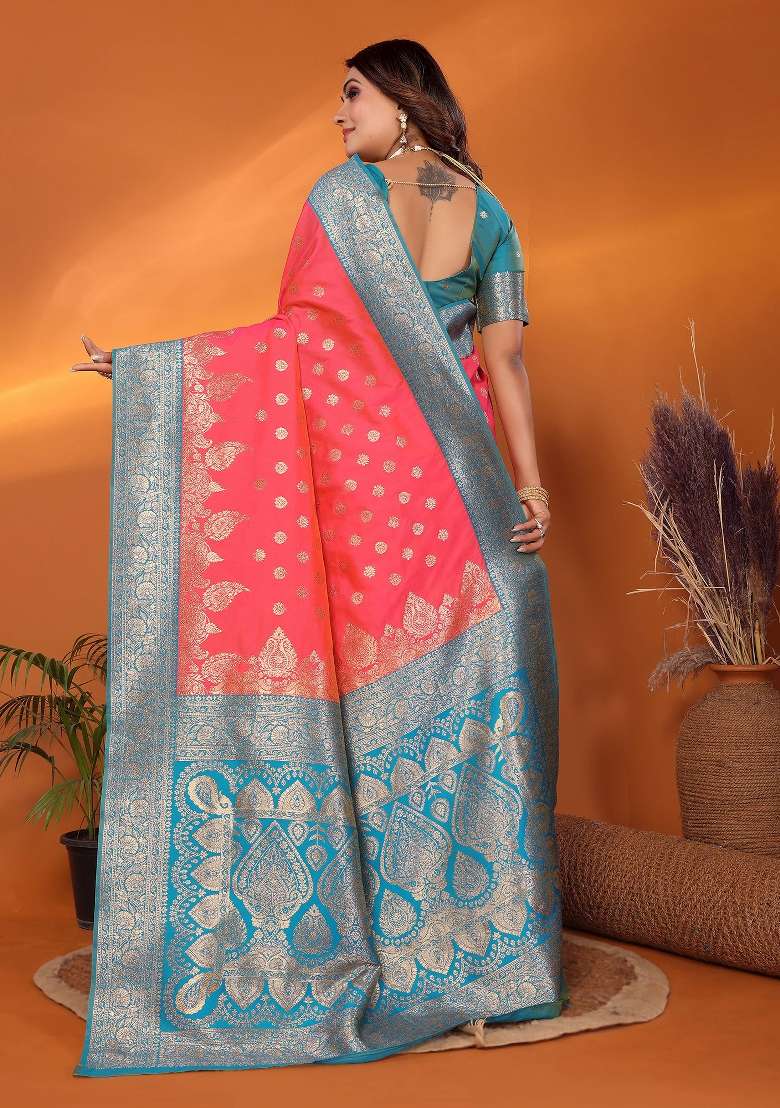 Pink Woven Silk Blend Saree Set for Diwali and Festive Wear - Indya