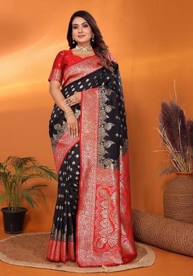 Black Woven Silk Saree Set