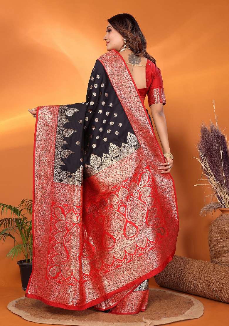 Black Woven Silk Blend Saree Set for Diwali | Wedding & Festive Wear - Indya