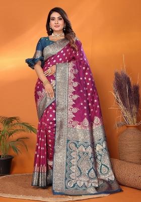 Magenta Woven Silk Saree Set