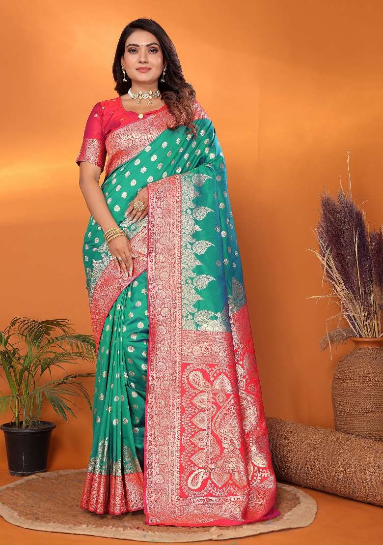 Light Green Woven Silk Blend Saree Set for Diwali | Wedding & Festive Wear - Indya
