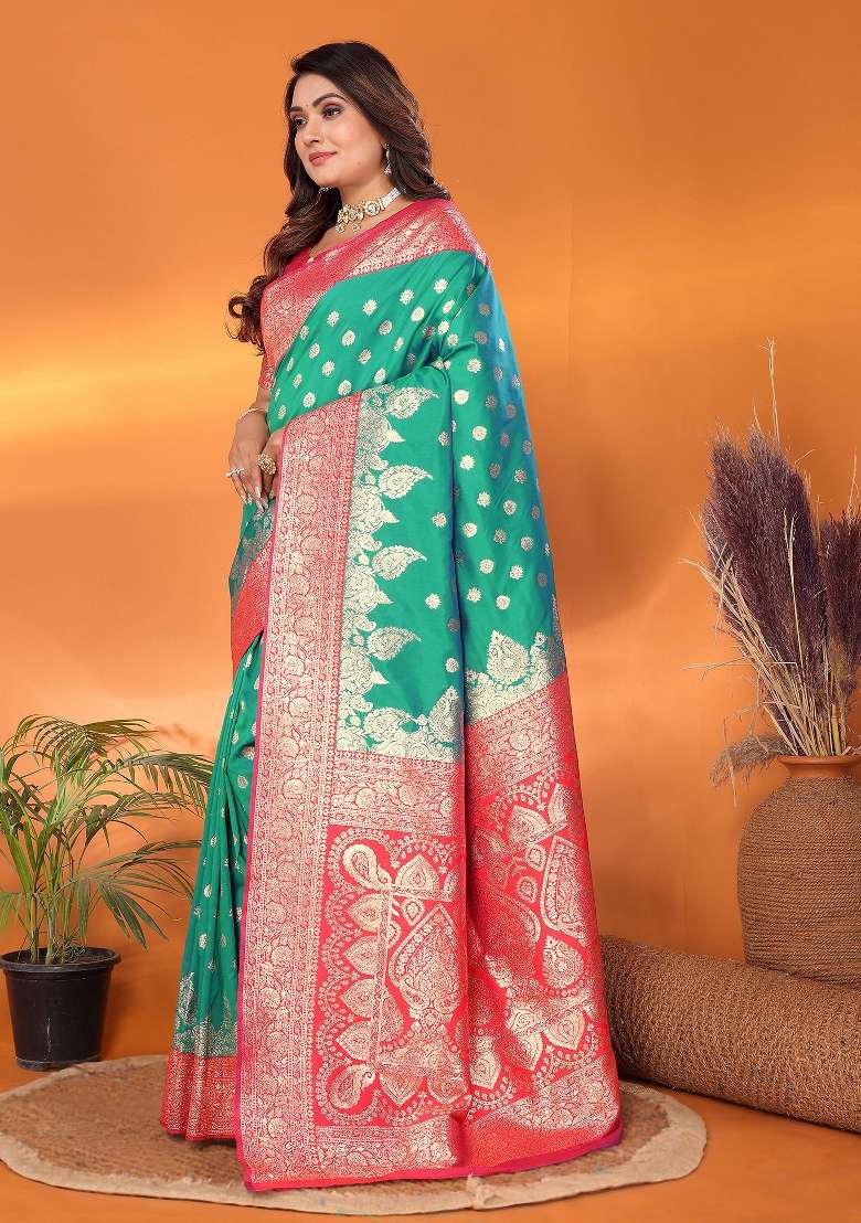 Light Green Woven Silk Blend Saree Set for Diwali | Wedding & Festive Wear - Indya