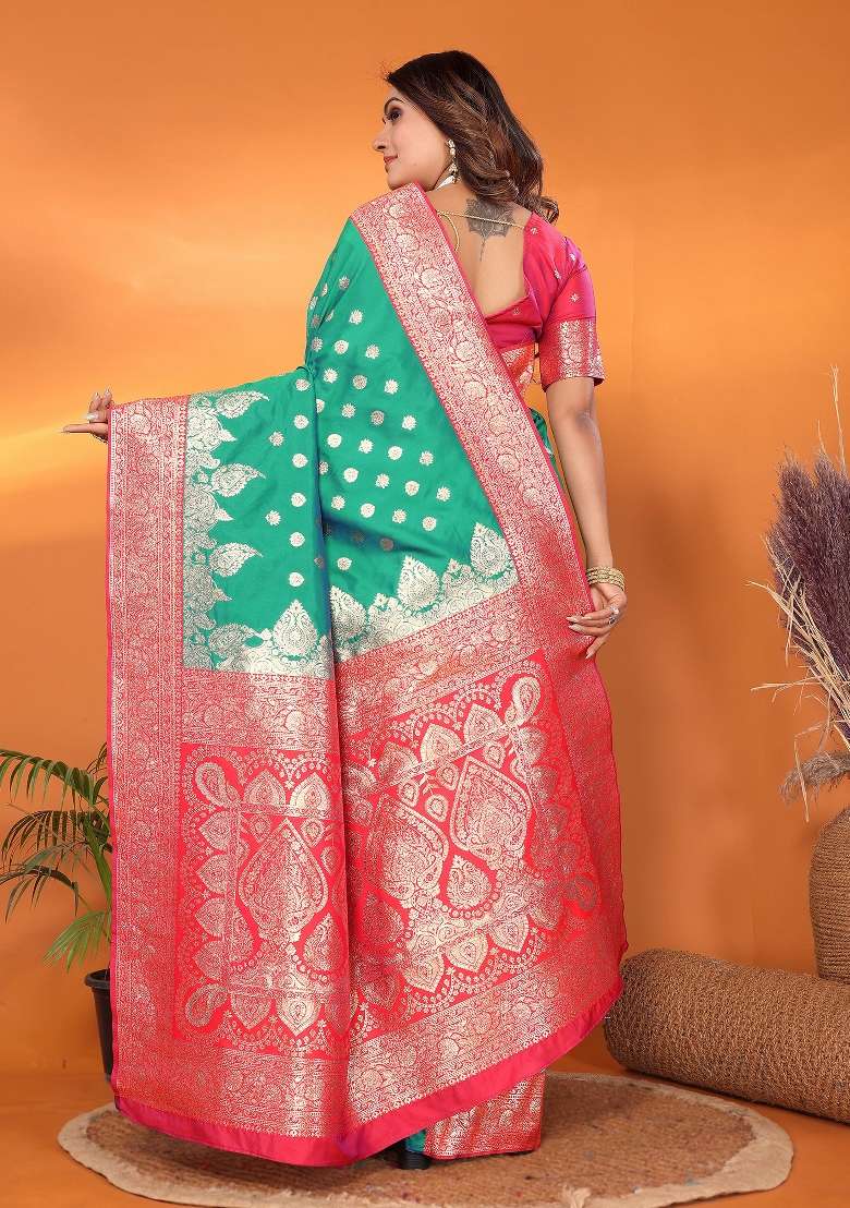 Light Green Woven Silk Blend Saree Set for Diwali | Wedding & Festive Wear - Indya