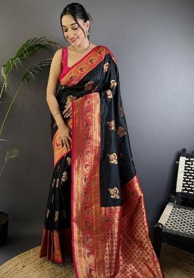 Black Woven Silk Saree Set