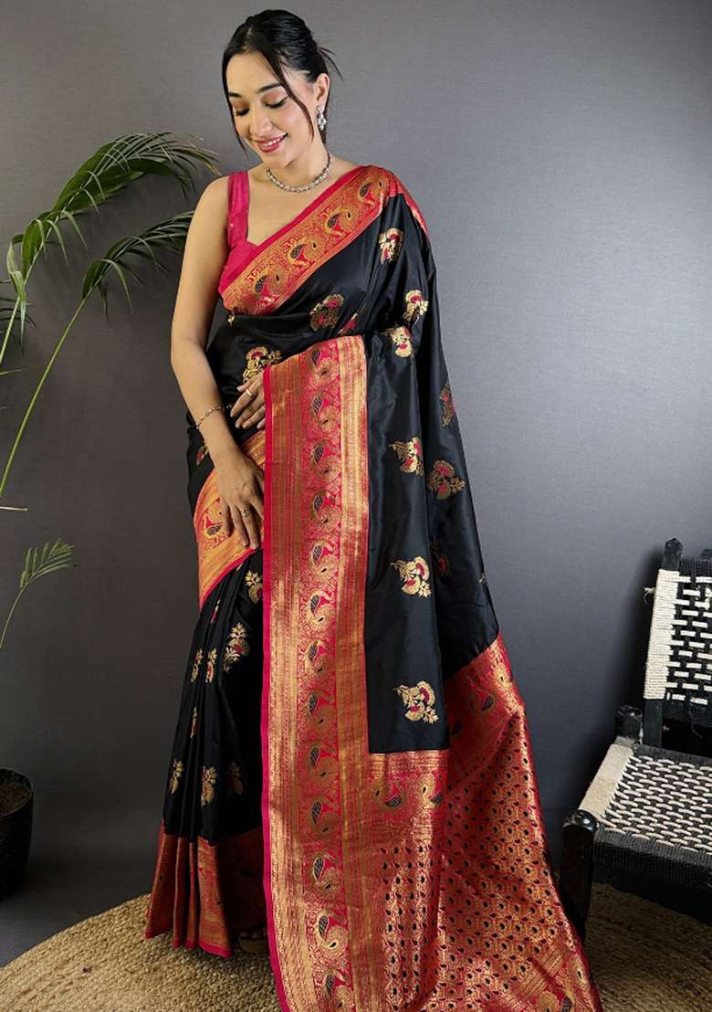 Black Woven Silk Blend Saree Set for Diwali | Wedding & Festive Wear - Indya