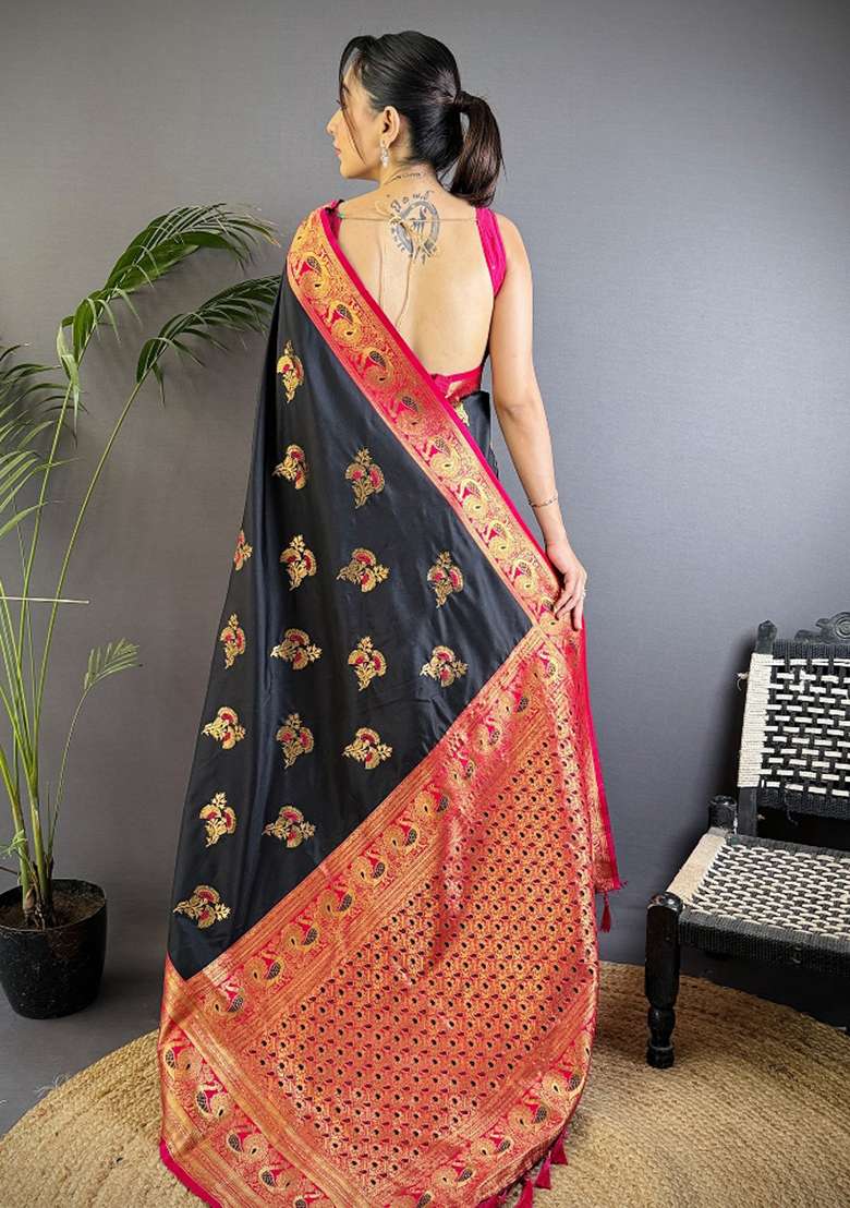 Black Woven Silk Blend Saree Set for Diwali | Wedding & Festive Wear - Indya