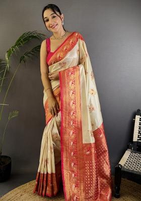 White Woven Silk Saree Set