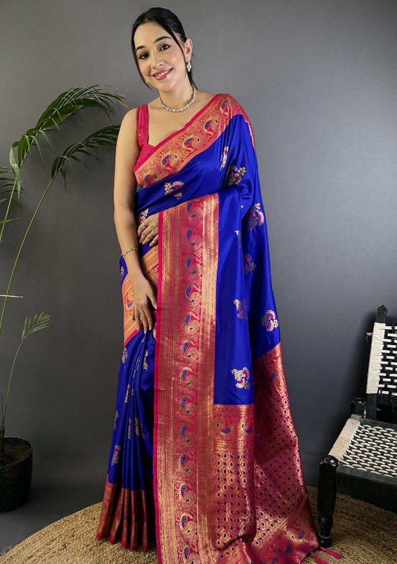 Royal Blue Woven Silk Saree Set