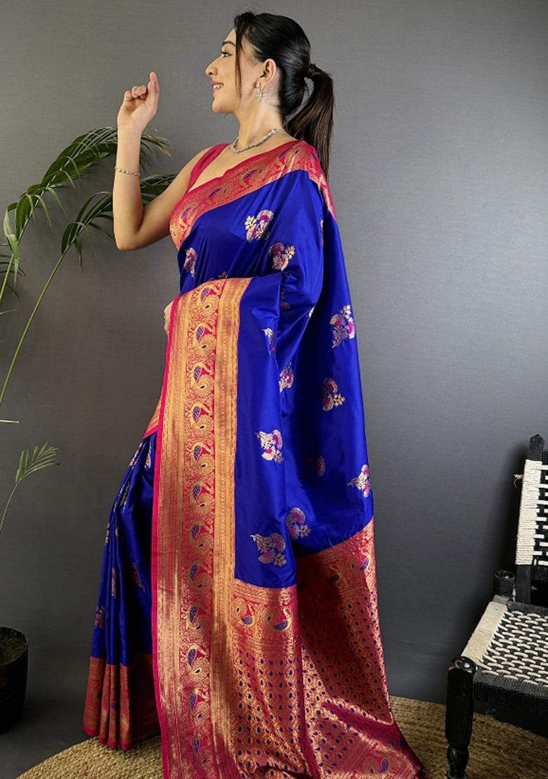 Royal Blue Woven Silk Saree Set