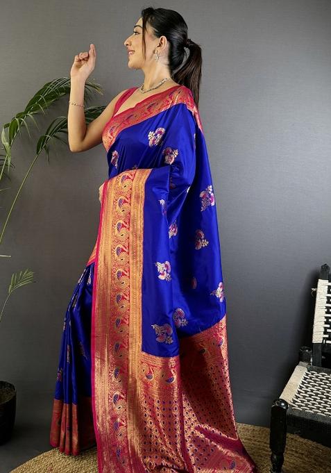 Royal Blue Woven Silk Saree Set