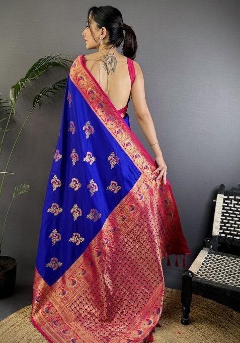 Royal Blue Woven Silk Saree Set