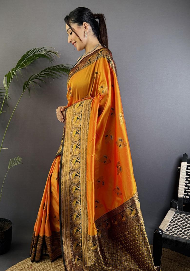 Orange Woven Silk Saree Set