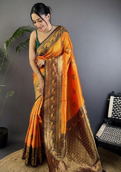Orange Woven Silk Saree Set