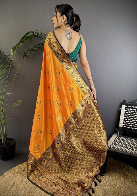 Orange Woven Silk Saree Set