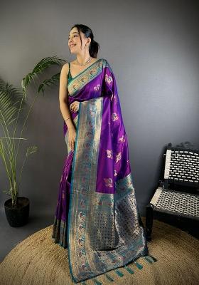 Magenta Woven Silk Saree Set