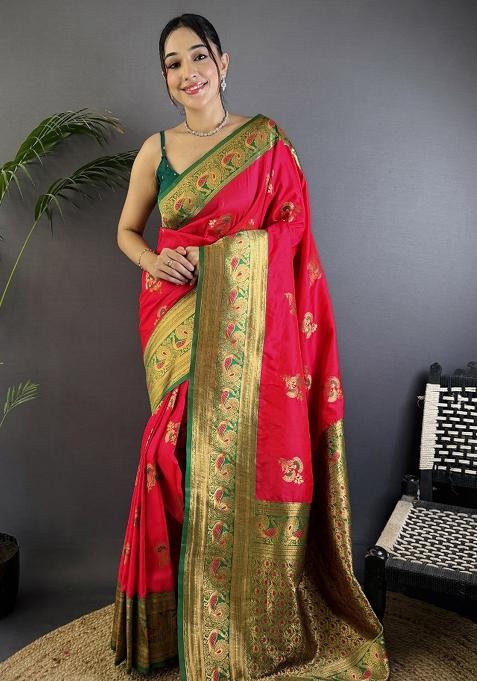 Red Woven Silk Saree Set