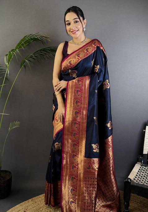 Navy Blue Woven Silk Saree Set