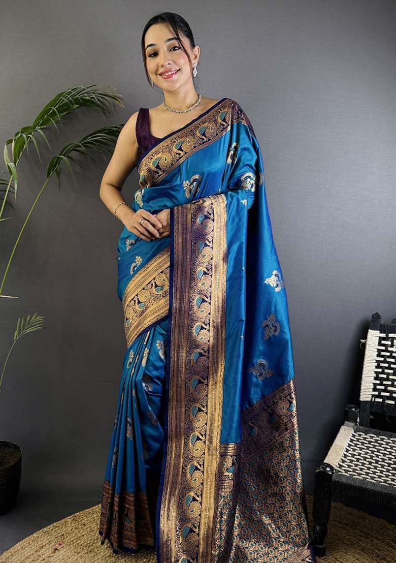 Royal Blue Woven Silk Blend Saree Set for Diwali and Festive Wear - Indya