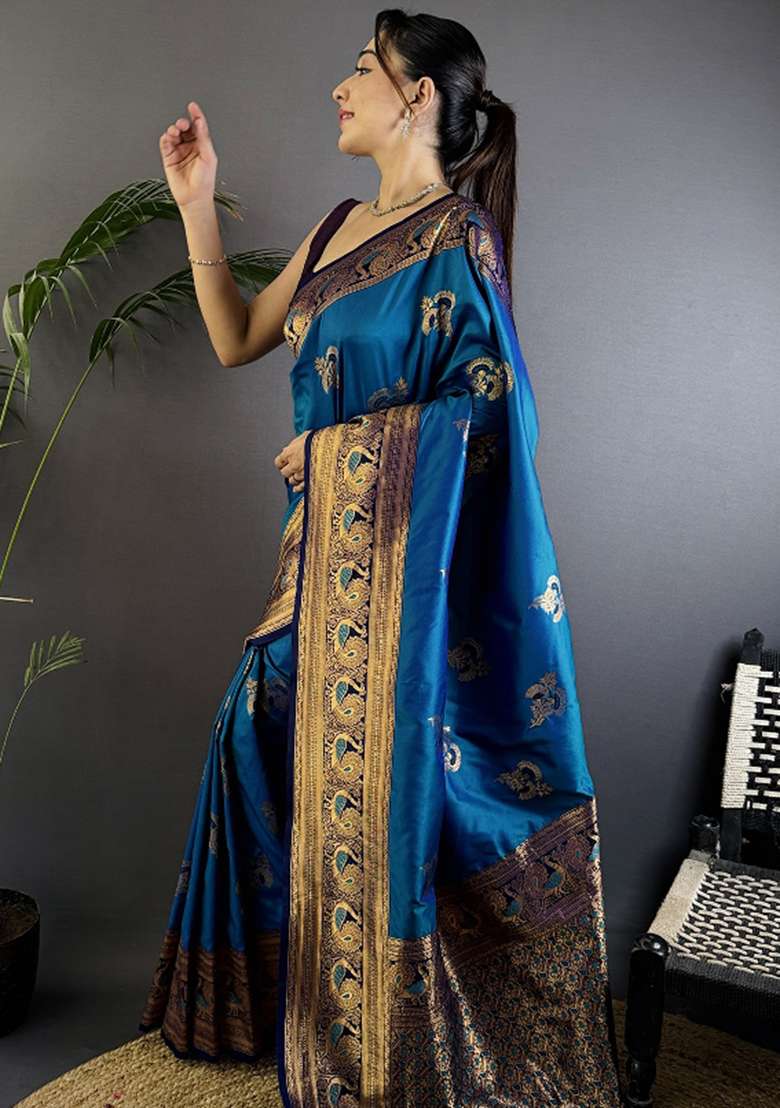 Royal Blue Woven Silk Blend Saree Set for Diwali and Festive Wear - Indya