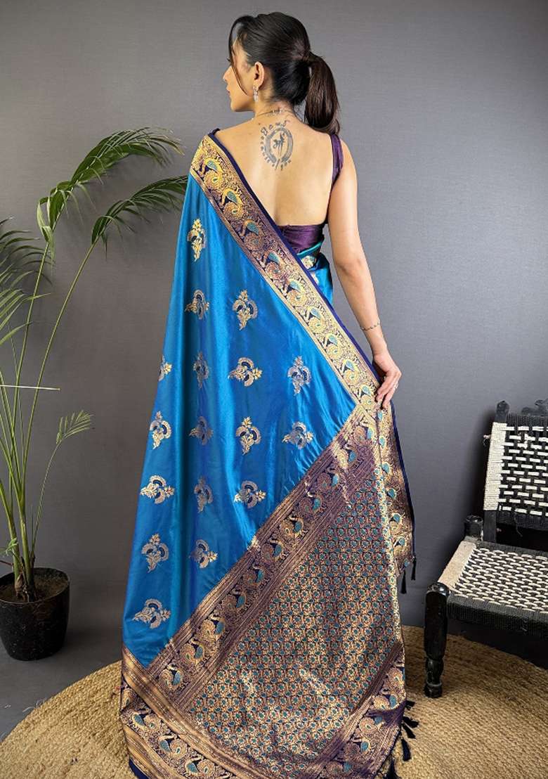 Royal Blue Woven Silk Blend Saree Set for Diwali and Festive Wear - Indya
