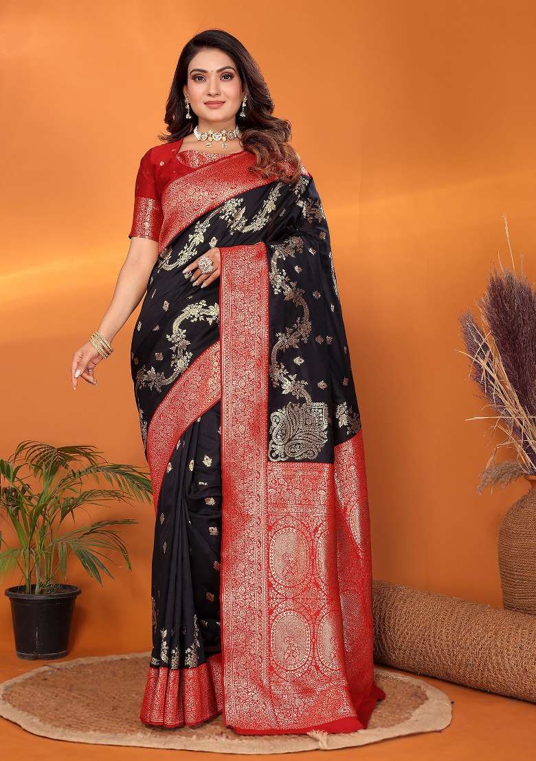 Black Woven Silk Blend Saree Set - Indya