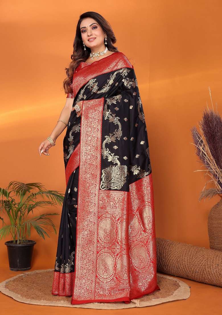 Black Woven Silk Blend Saree Set - Indya