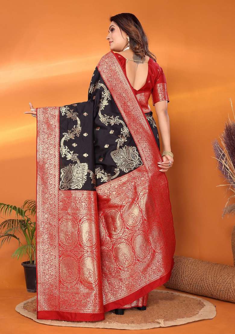 Black Woven Silk Blend Saree Set - Indya