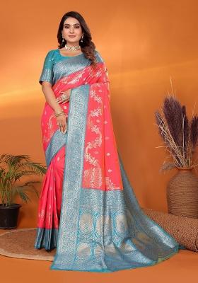 Tomato Red Woven Silk Saree Set