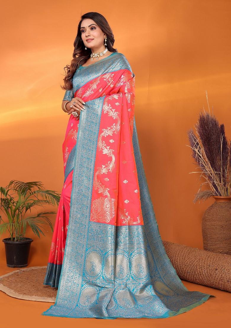 Tomato Red Woven Silk Saree Set