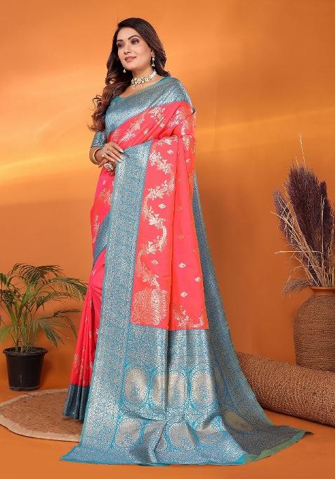 Tomato Red Woven Silk Saree Set