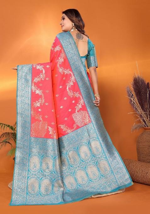 Tomato Red Woven Silk Saree Set