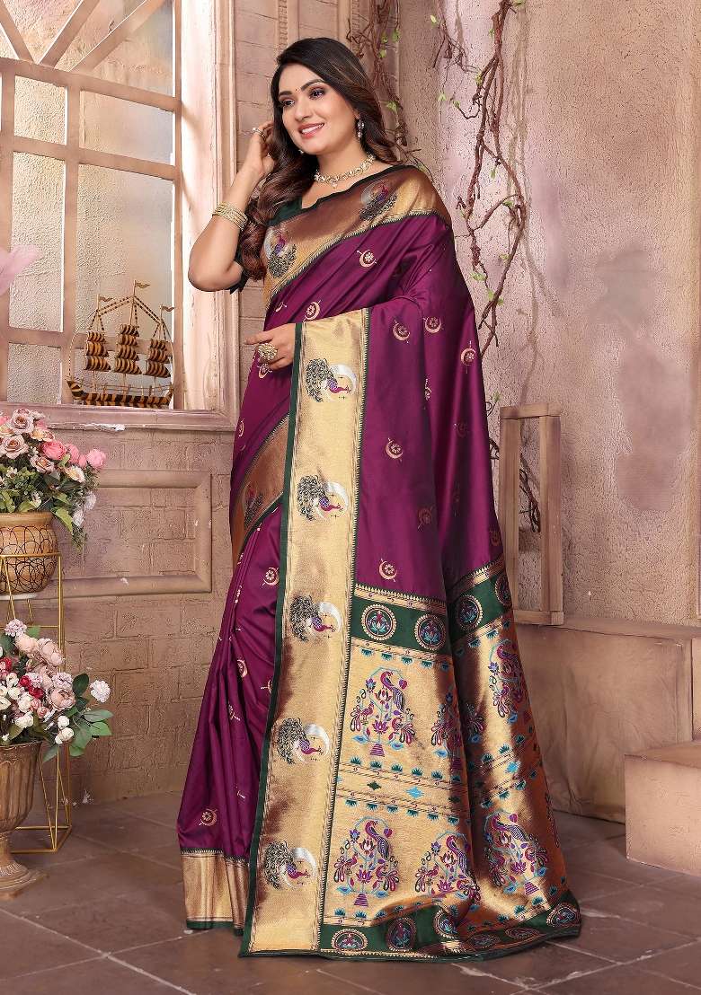Maroon Woven Silk Blend Saree Set for Diwali and Festive Wear - Indya