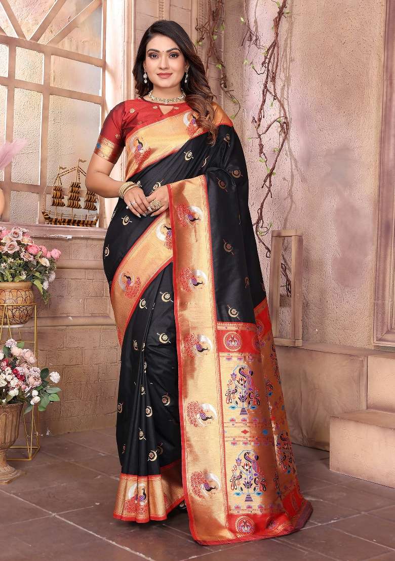 Black Woven Silk Blend Saree Set for Diwali | Wedding & Festive Wear - Indya