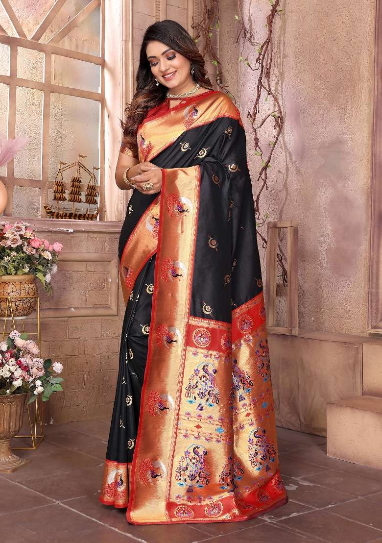 Black Woven Silk Blend Saree Set for Diwali | Wedding & Festive Wear - Indya