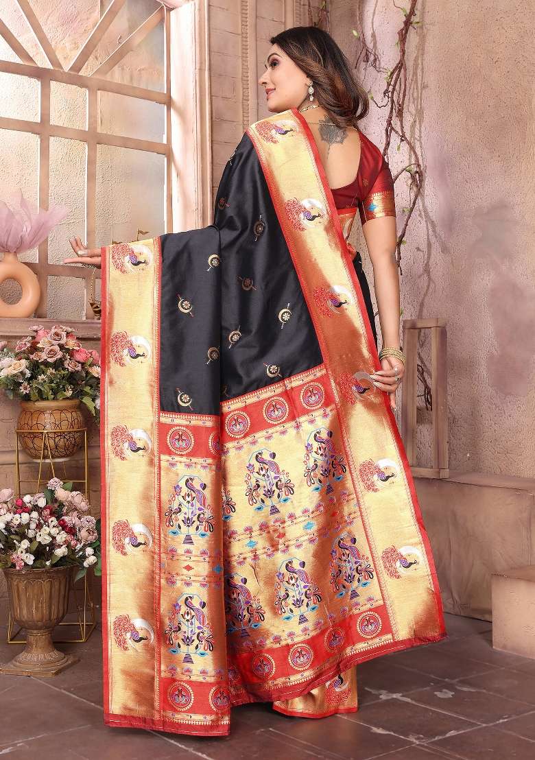 Black Woven Silk Blend Saree Set for Diwali | Wedding & Festive Wear - Indya