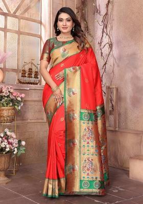 Red Woven Silk Saree Set