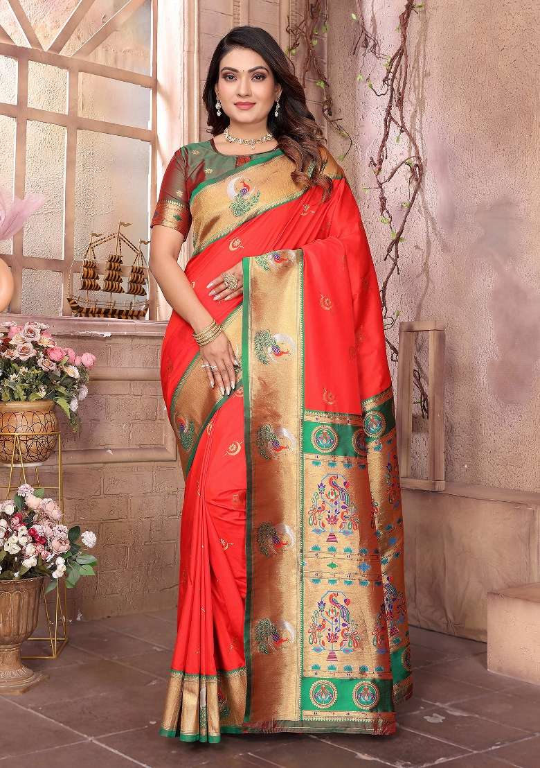 Red Woven Silk Blend Saree Set for Diwali | Wedding & Festive Wear - Indya