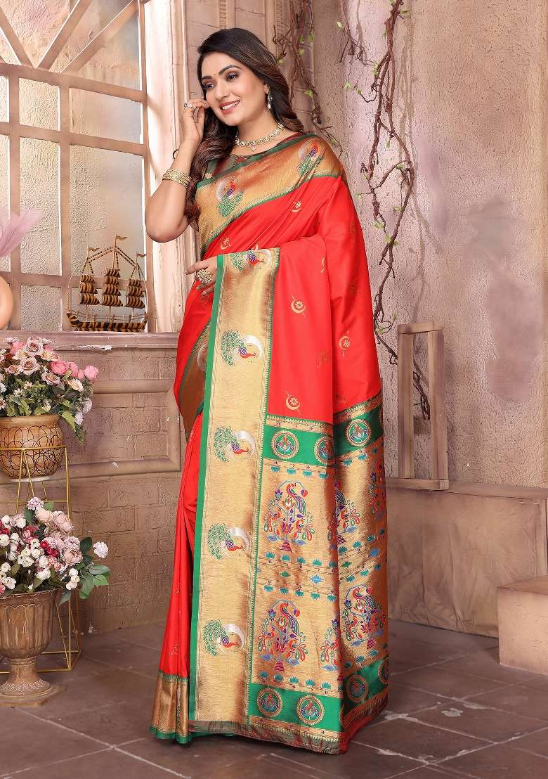 Red Woven Silk Blend Saree Set for Diwali | Wedding & Festive Wear - Indya