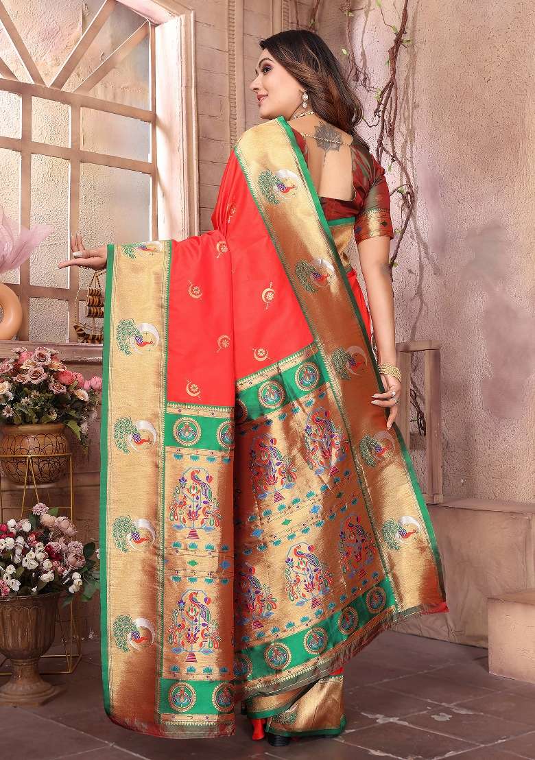 Red Woven Silk Blend Saree Set for Diwali | Wedding & Festive Wear - Indya
