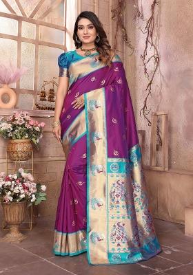 Wine Woven Silk Saree Set